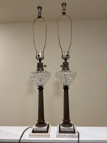 Antique Marble Base Crystal Lamps Set of 2.